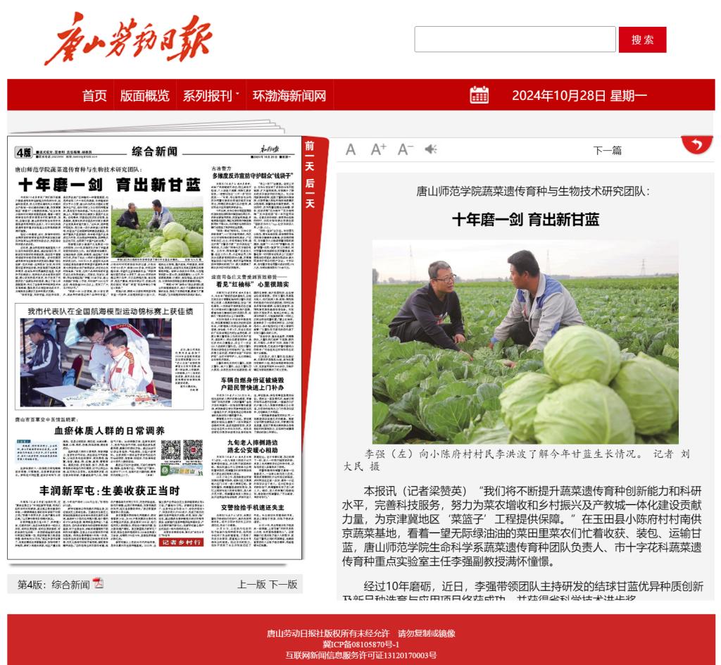 《唐山劳动日报》——beat365官方网站蔬菜遗传育种与生物技术研究团队：十年磨一剑 育出新甘蓝